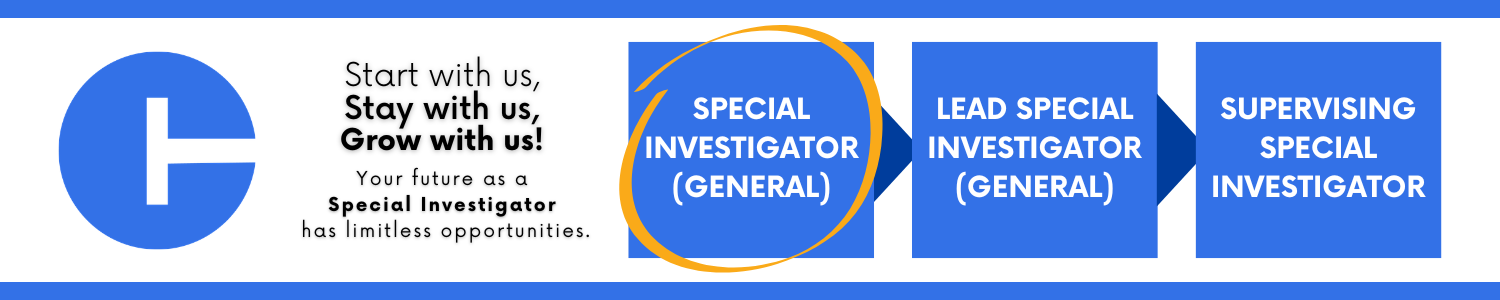 This image shows a career progression pathway within the State of Connecticut: starting with Special Investigator (General), highlighted to show the current opening; advancing to Lead Special Investigator (General); and ending at Supervising Special Investigator.